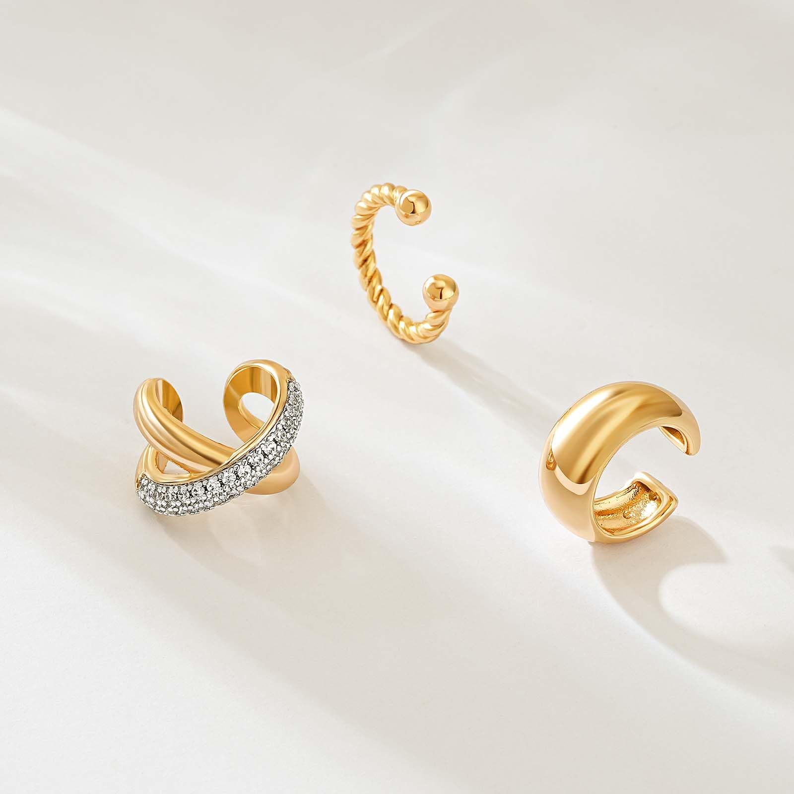 3 Pieces Set Quantity Daily, Street Occasion 3 Pieces Set Elegant Lady C Shape Geometric Plating Copper 14K Gold Plated Ear Cuffs