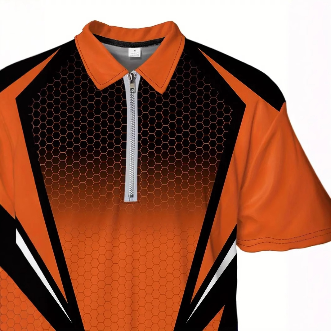 Camisa POLO con cremallera de manga corta transpirable con solapa suelta para hombre con estampado 3D de patrón geométrico degradado para hombre de negocios