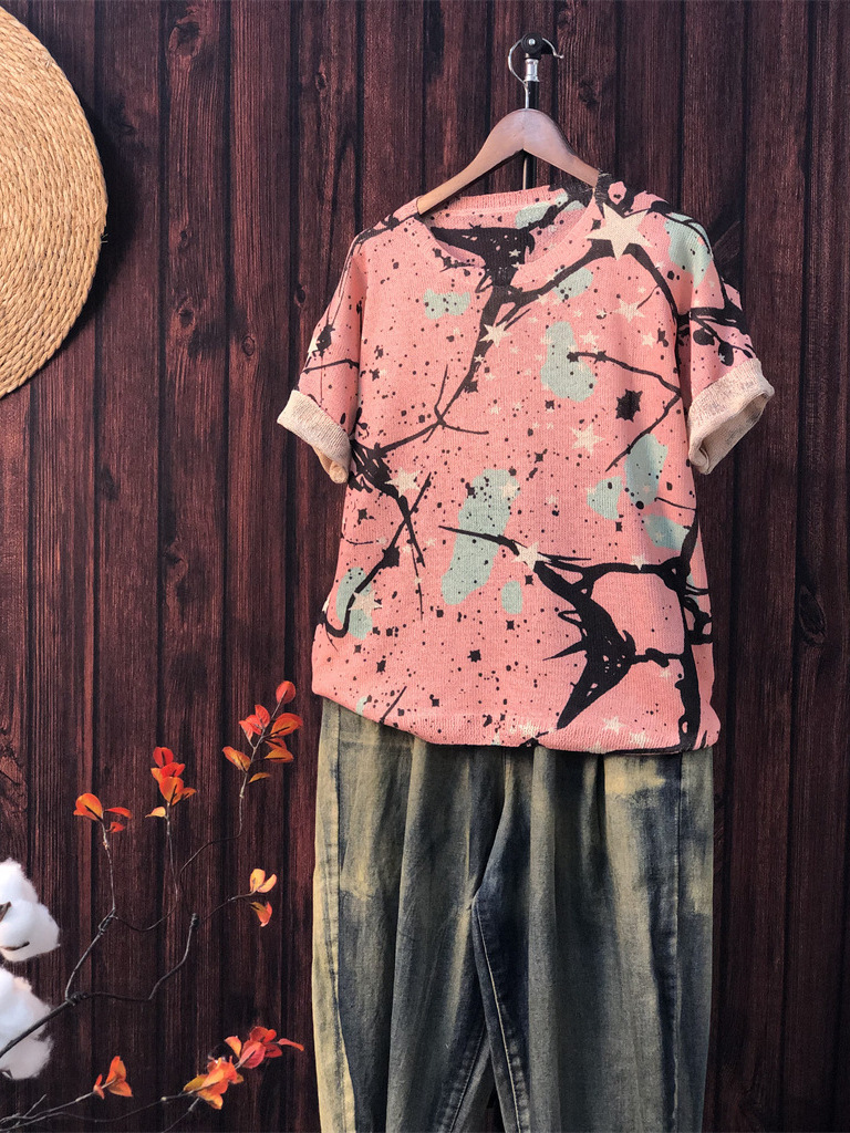 Amazon Foreign Trade New Original Knitwear Summer Short-Sleeved Women's Printed Casual Large Size Thin Women's Short-Sleeved Tops