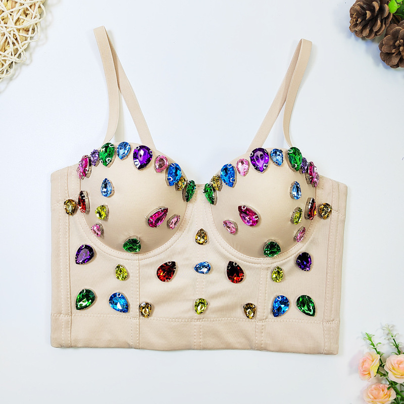 Tiktok Kuaishou live hot sale beaded Fishbone sling outer wear corset short tight hot girl gem colored diamond tube top