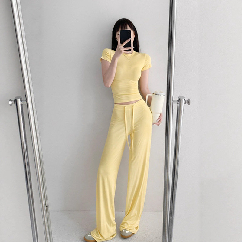 Autumn 2025 New Casual Fresh Slim-Fit Waist-Cinching Short Top with Drawstring Drape Long Pants Solid Color Two-Piece Set Autumn 2025 New Casual Fresh Slim-Fit Waist-Cinching Short Top with Drawstring Drape Long Pants Solid Color Two-Piece Set