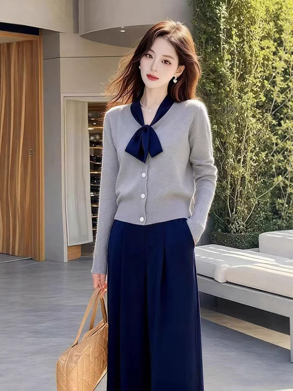 时尚复古绝美蓝色蝴蝶结长袖针织衫女秋冬新款阔腿裤子两件套装|undefined