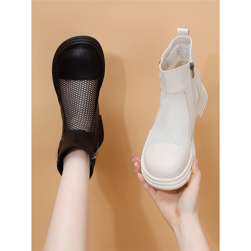 British Style Flat Mesh Martin Boots Women's 2024 Summer New Genuine Leather Fashionable Soft Bottom Dress Street Cool Boots Trendy