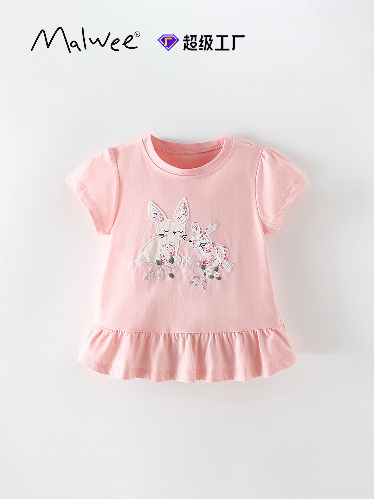 Trajes de niñas transfronterizas malwee verano nuevo estilo europeo y americano camiseta de manga corta casual de cuello redondo chaqueta infantil