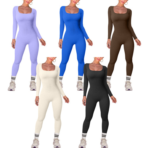 Autumn/Winter Fashion Square Neck One-Piece Yoga Leggings, European and American One-Piece Fitness Suit Abdominal Strengthening and Hip Lifting Women's Exercise Suit