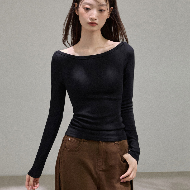 260g Yousi elegant one-shoulder boat-neck long-sleeve T-shirt for women, slim fit, waist-cinching, versatile base layer top 260g Yousi elegant one-shoulder boat-neck long-sleeve T-shirt for women, slim fit, waist-cinching, versatile base layer top