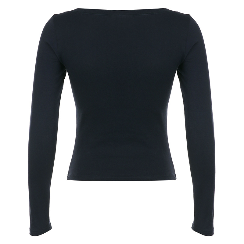 Letters Numbers Printed Long Sleeved T Shirt Women Half Breasted V Neck Pullover Base Short Top