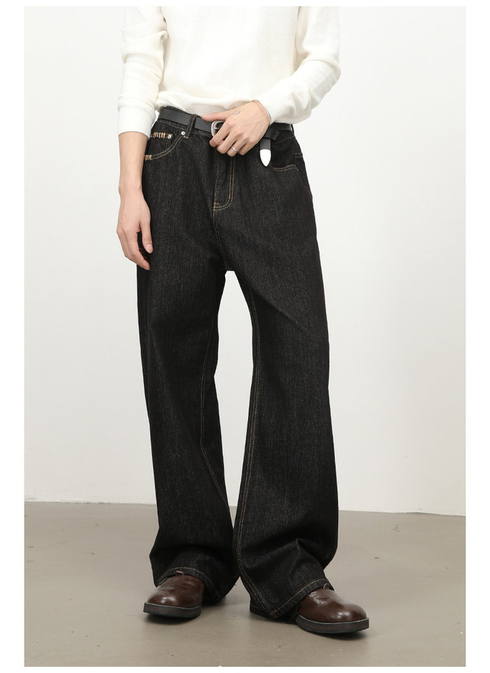 Quần jeans nam dáng rộng ống thẳng màu bò đen nguyên bản, túi thêu họa tiết, lưng giữa — Bò đen sống chi tiết 9