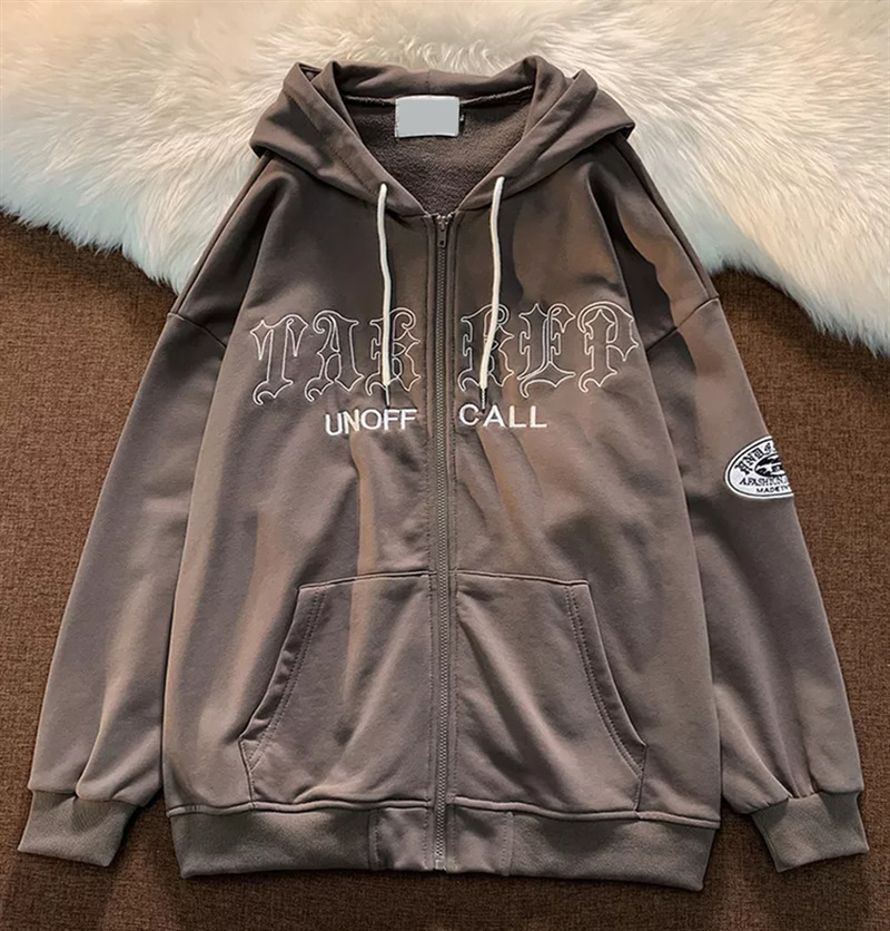  Abbigliamento da donna giacca cardigan in felpa casual allentata con tasca con cappuccio ricamata con lettera retrò_voghion.com