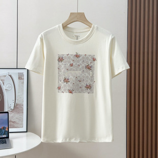 Cotton trend fashionable T-shirt with a round collar, floral print, with short sleeve
