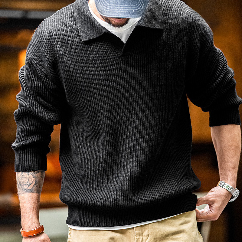 Maden Vintage col rond pull ample bande verticale hiver basique pulls pour homme décontracté rétro tricots revers doux chaud_voghion.com