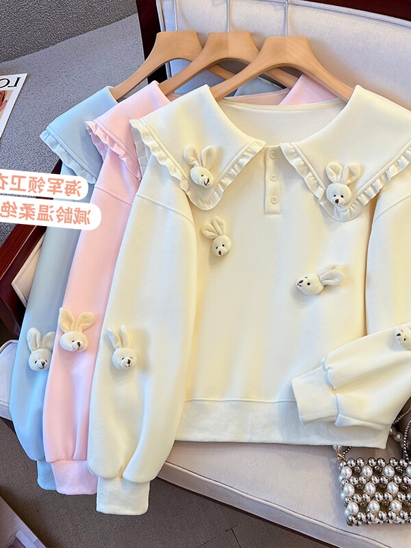 Real Shot of 2025 Autum Korean Preppy Style Lace Navy Collar Plush Doll Short Sweatshirt for Women Real Shot of 2025 Autum Korean Preppy Style Lace Navy Collar Plush Doll Short Sweatshirt for Women