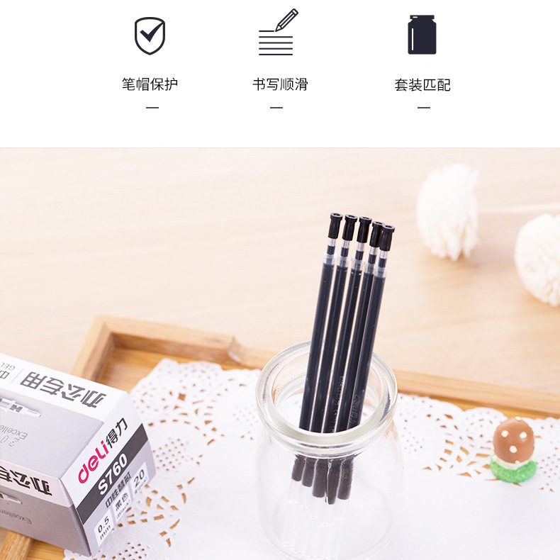 Deli S760 Bullet-Headed Gel Pen Refills, 0.5mm Black Gel Ink Cartridges—Office Pens, Study Pens