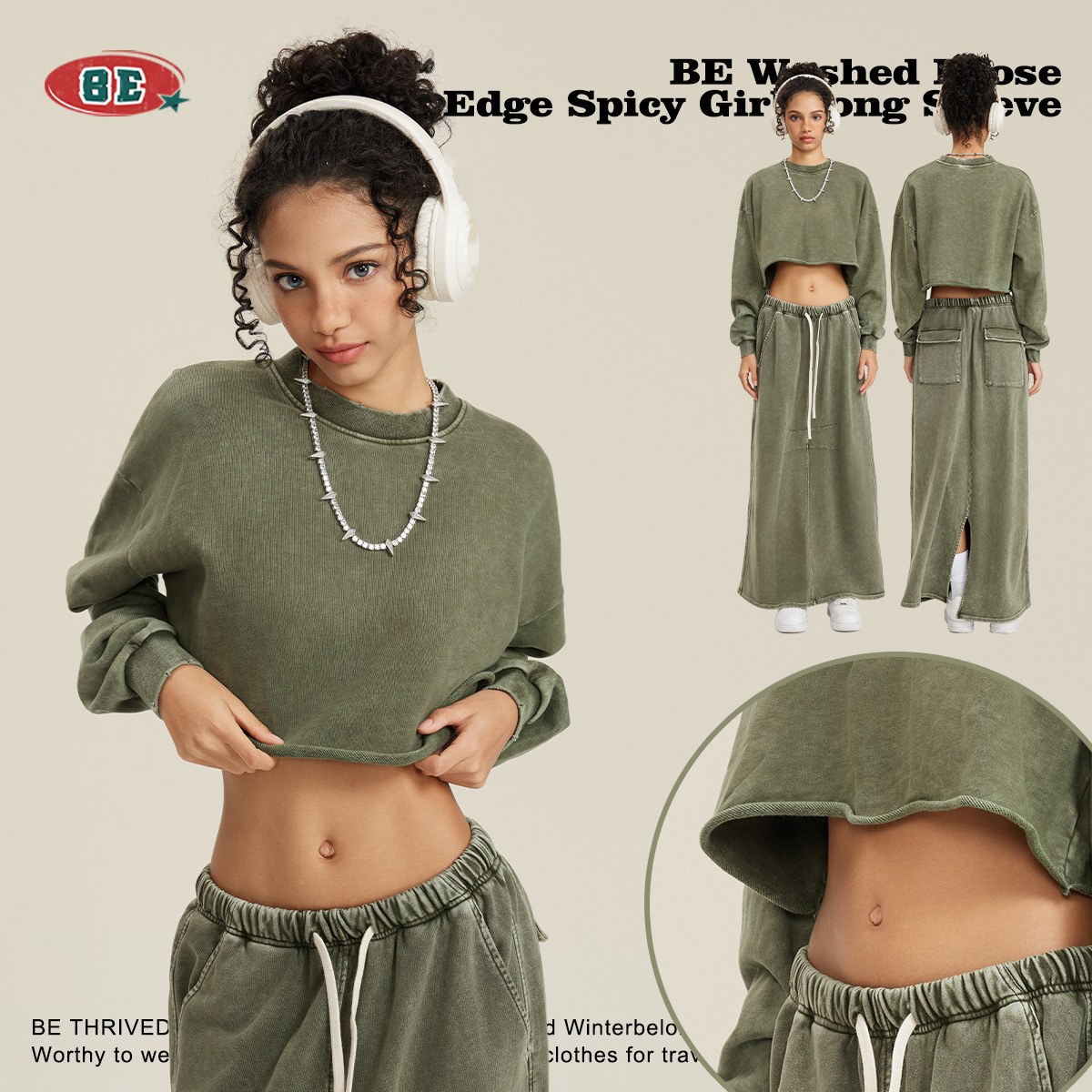 Ropa de mujer BE | Camiseta de Manga Larga con Cuello Redondo, Estilo Vintage, Desgastada y Deshilachada, para Mujer, Otoño/Invierno 2025