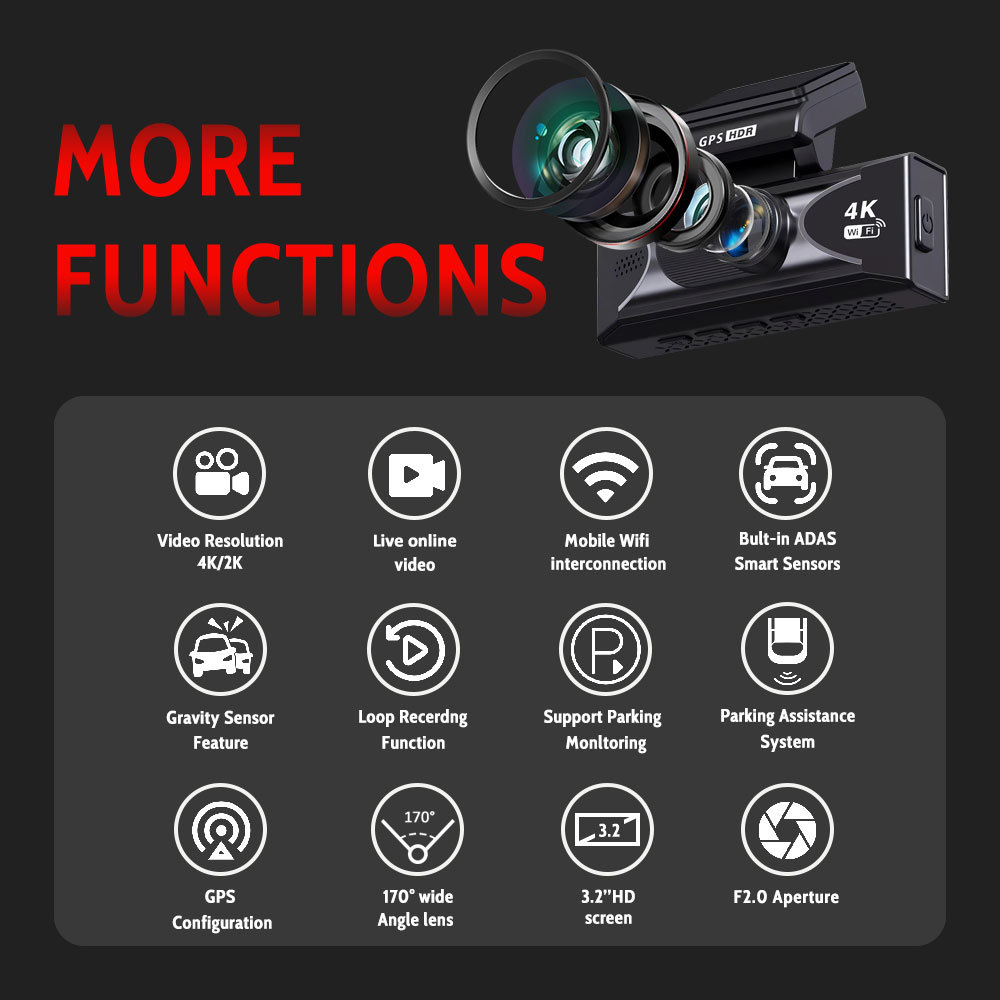2026 New Model Dual-Recording 4K Dash Cam High-Definition Adas Loop Recording 3.2inch Gps Car Recorder