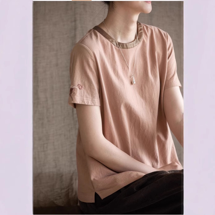 Summer New Style Hand-Embroidered Cotton Tea-Dyed T-Shirt, Comfortable, Simple, Casual, Round Neck, Short-Sleeved, First Tea Single Top