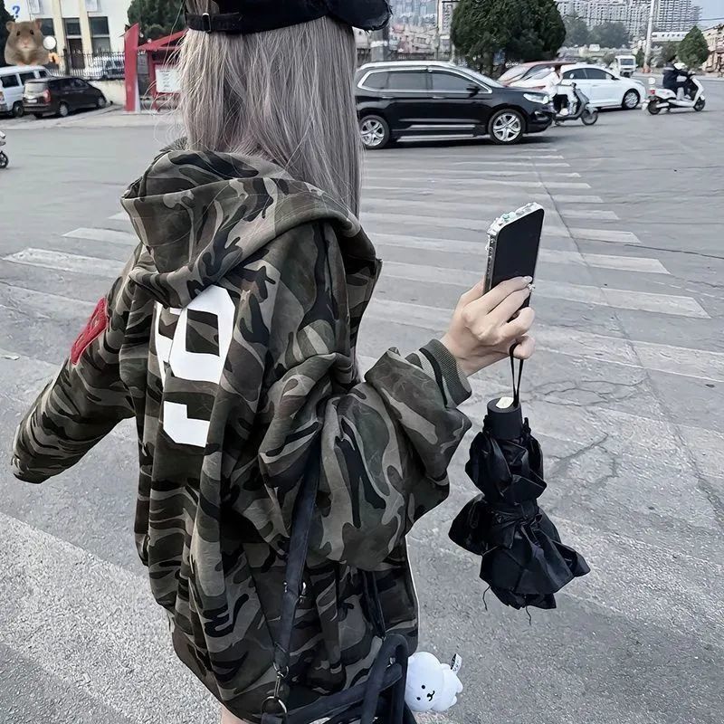 American-Style Spicy Girl Camouflage Cardigan Versatile Hooded Sweatshirt for Women, Autumn and Winter Design, Loose Oversized Casual Top