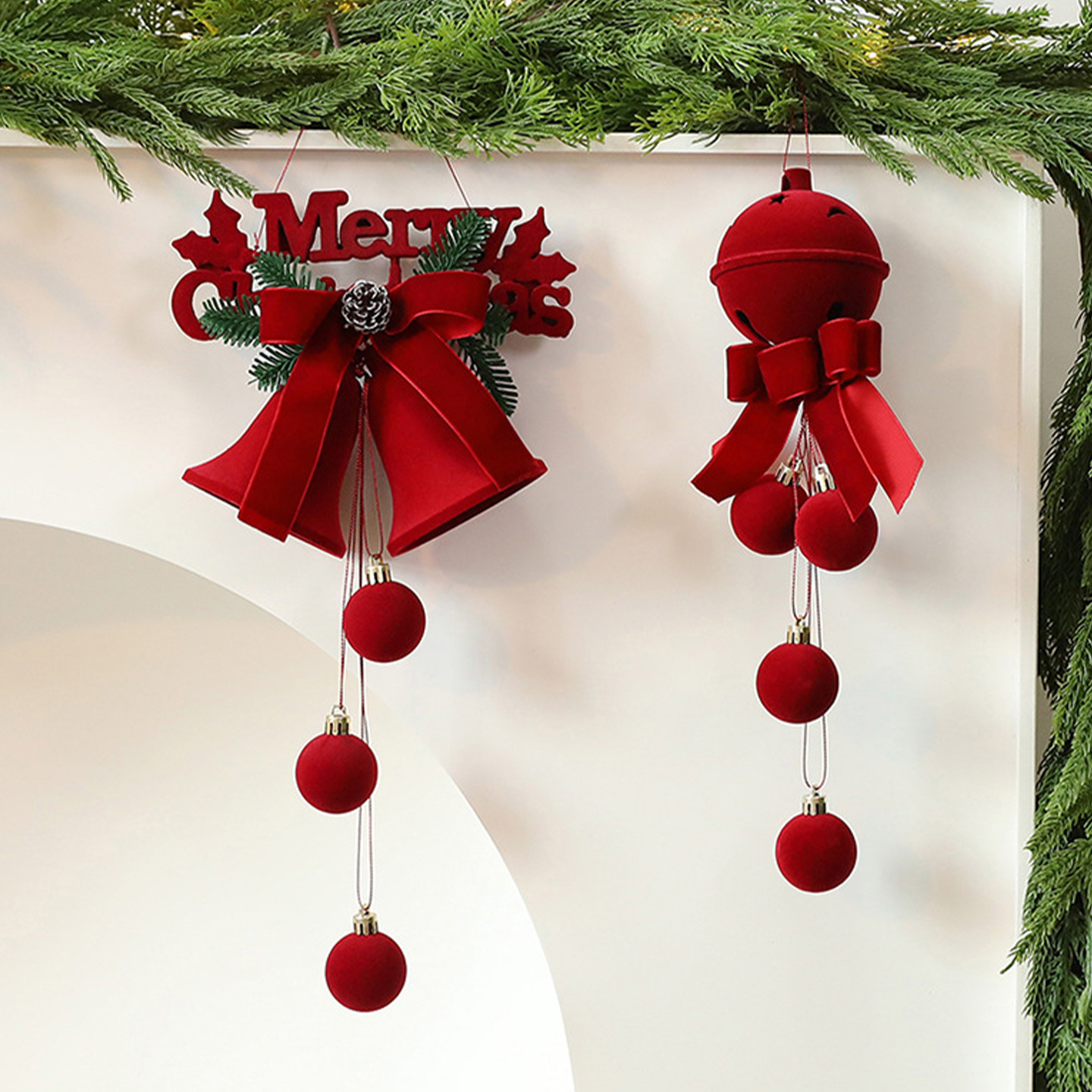 Nordic Flocked Christmas Bell Decorations – Festive Holiday Ornaments With Bows, Jingle Bells & Flocked Details (6 Styles)_voghion.com