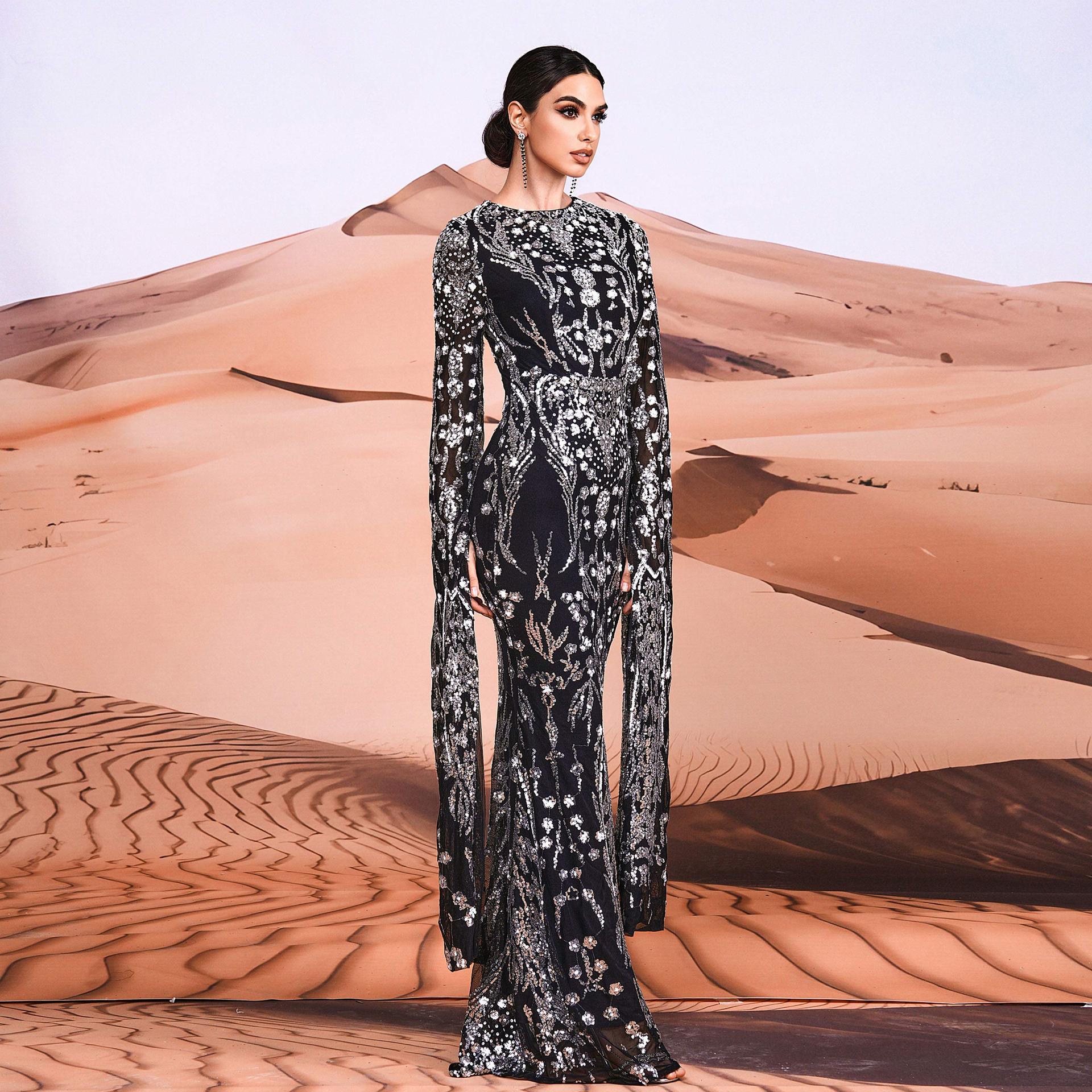 Women's Clothing ultra long sleeve temperament round neck sexy slim long sequined banquet evening dress bridesmaid dress_voghion.com