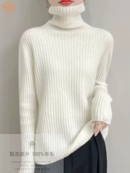 Trendy 100% Pure Wool Women's Turtleneck Sweater for Autumn and Winter, Pullover Thick Sweater