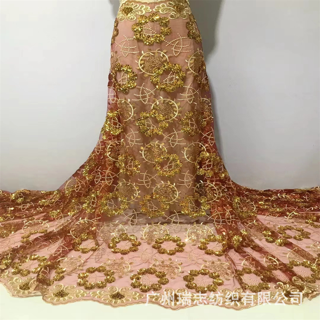 Sequins lace laminación de gran flor posicionamiento patrón de malla de hilo de bordado sequinilla perspectiva desfile vestido de prom tela