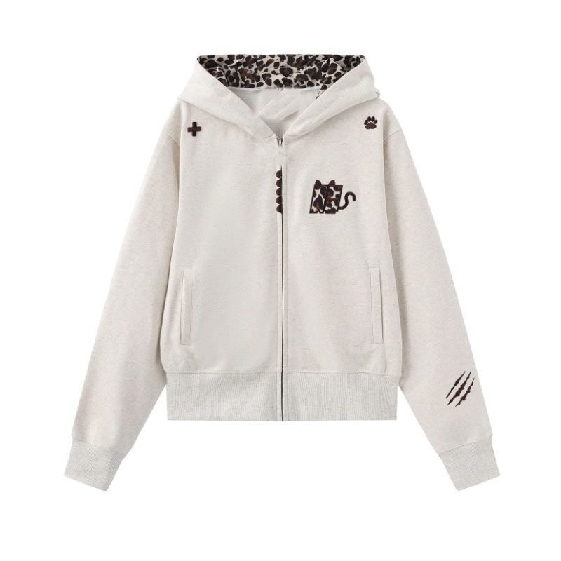 Spot 2026 New Autumn Style Little Devil Leopard Print Splicing Hooded Sweatshirt Jacket Women's American Loose Top