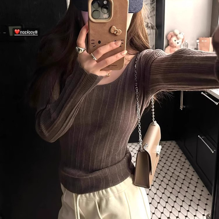 Korean-Style Brown Inner Base Knit Sweater Long-Sleeve T-Shirt for Women, Spring and Autumn U-Neck Large Neckline Slim-Fit Top