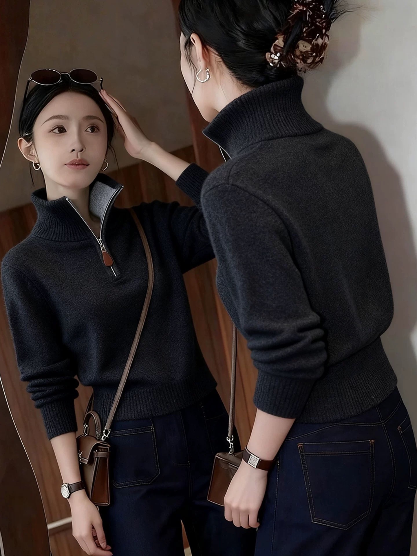 Áo len cổ lọ nữ dệt kim phối basic phong cách lười biếng — đen