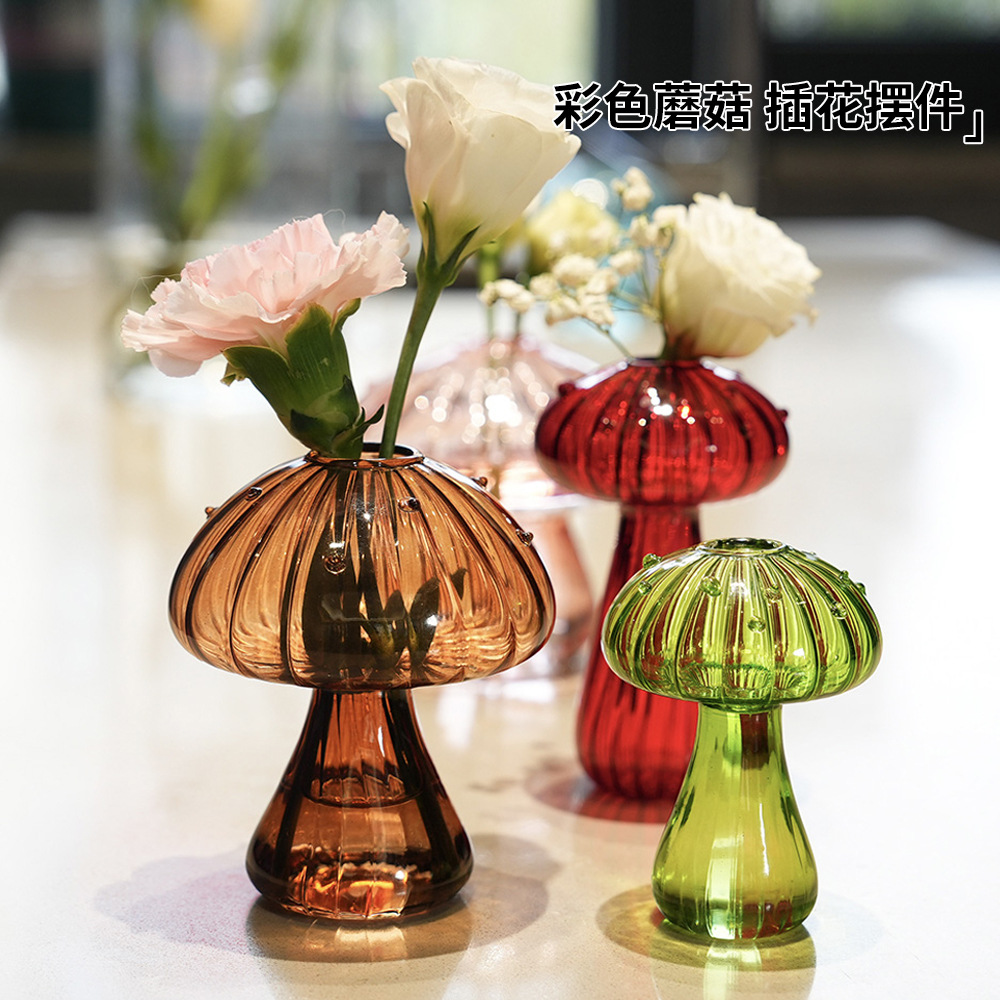Florero de vidrio de hongo de color creativo, botella de aromaterapia, florero hidropónico de vidrio de color transparente, decoración del hogar de estilo moderno