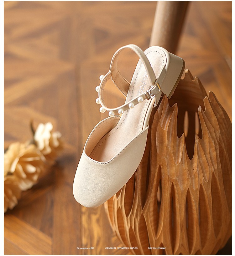 Sandalias de perlas de cabeza de hadas 2026 verano versátil tacones gruesos suaves zapatos de talón medio Mary Jane