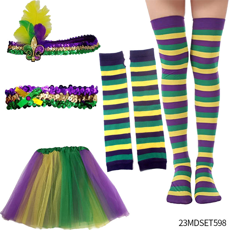 Accesorios para el Cabello de Carnaval de Mardi Gras, Máscara Tricolor, Corbata de Moño, Cadena de Cuentas Electrochapadas, Conjunto para Fiesta de Carnaval