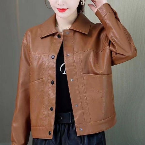 Korean Style New Fashion Elegant Leather Jacket Women's Black Brown Celebrity Slim Fit Lapel Elegant Top Autum