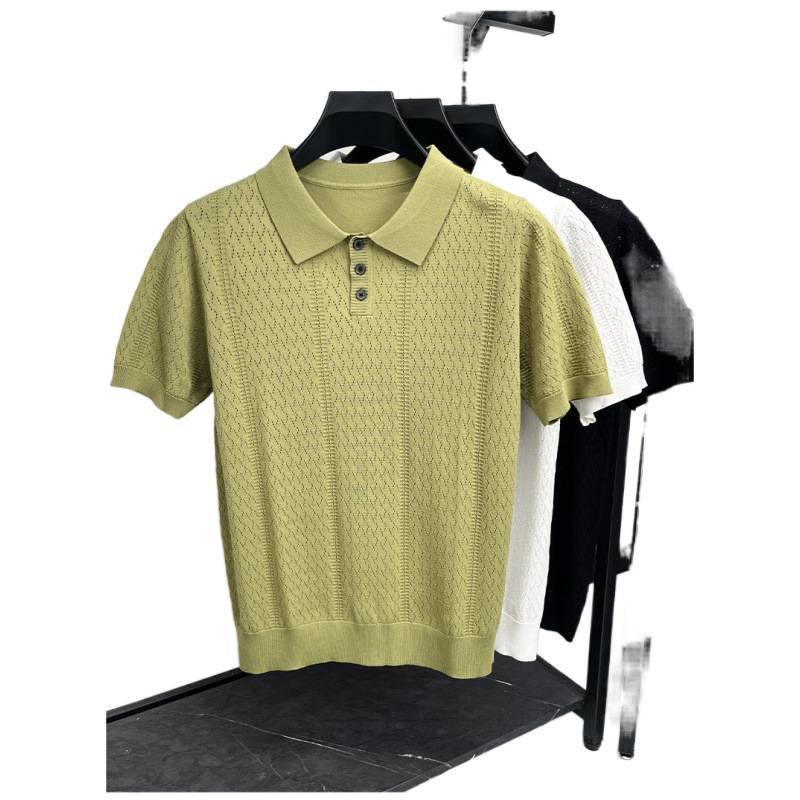 Men's Summer Cool Hollow Out Design Polo Shirt Luxury Style Elegant Retro Short Sleeve T-Shirt For Casual Wear_viptrois.com