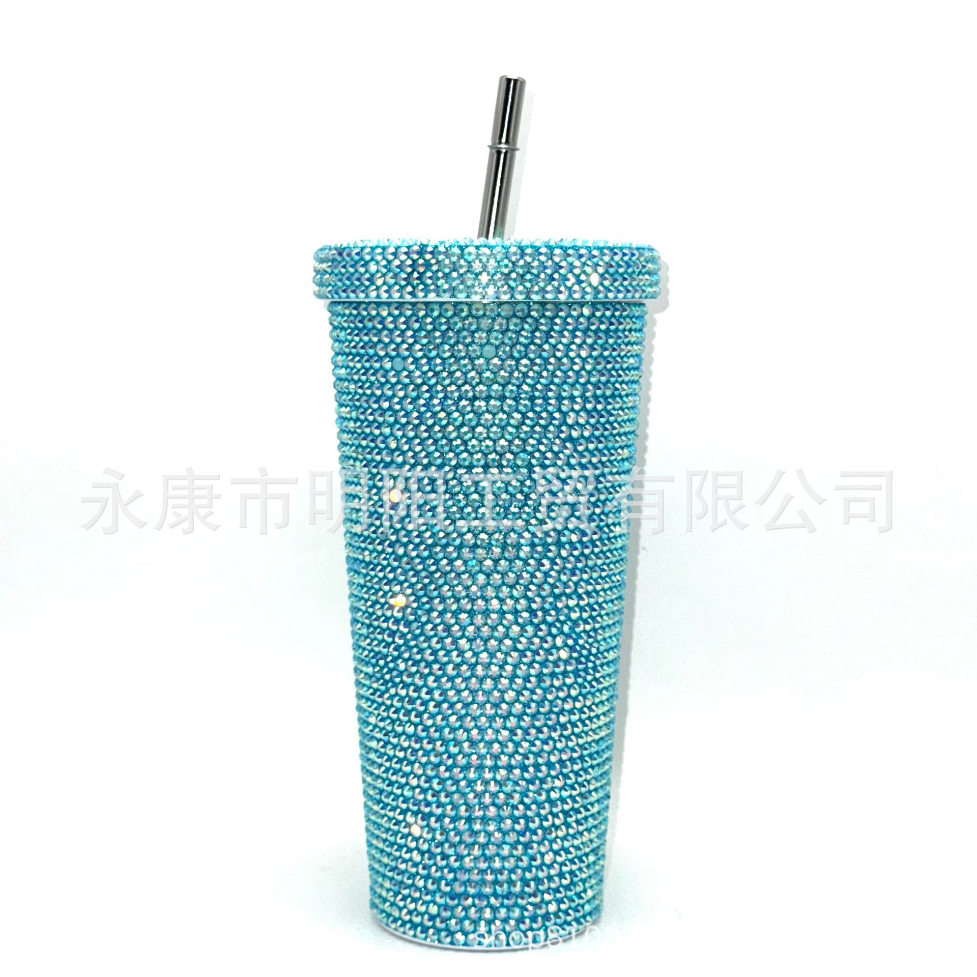 Taza de vacío incrustada en diamantes Taza de paja de acero inoxidable de doble capa Taza de regalo taza de café de diamantes de imitación Taza de bebida de diamantes de imitación incrustada en diamantes