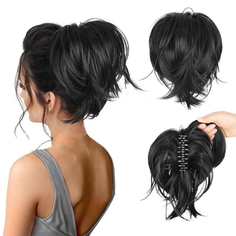 Foreign Trade European and American Wig Women's Ponytail Clamping Straight Hair Bun Short Messy Fluffy Hair Bag High Temperature Silk Ponytail