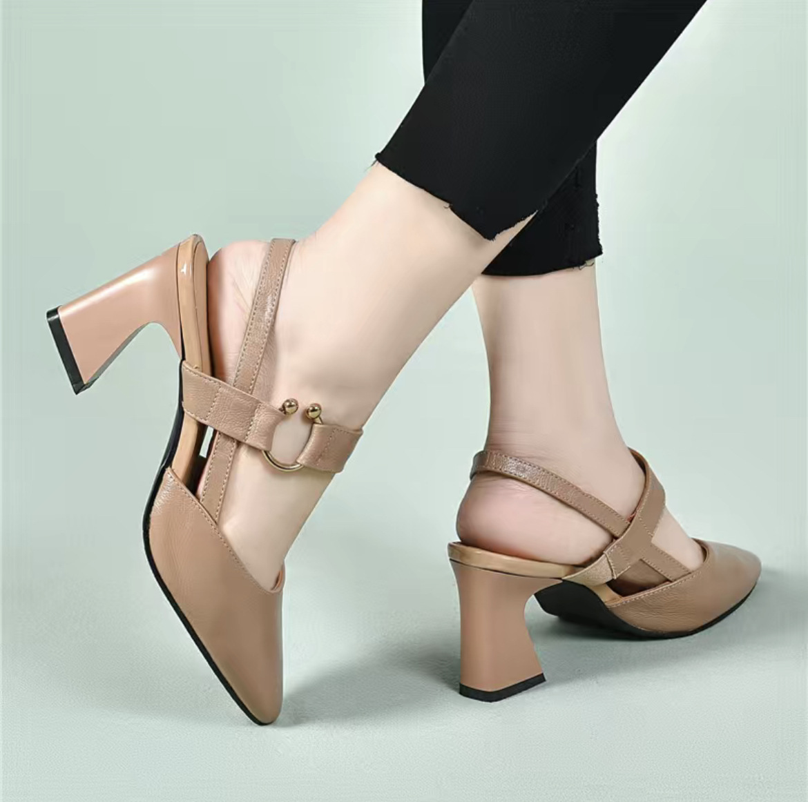 Sandal nữ mũi nhọn quai ngang da thật gót 5 cm — Màu mơ 5 cm