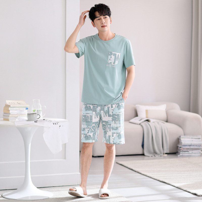 男性パジャマ夏の薄いモデルのモーダル綿の半袖半ズボン男性の家庭服夏の太ったスーツ