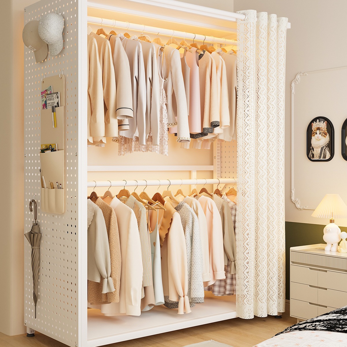 Simple Wardrobe for Bedroom Home Use, Fully Assembled Metal Perforated Board, Suitable for Rental Apartments, Small Spaces, Space-Saving Clothes Hanging J^