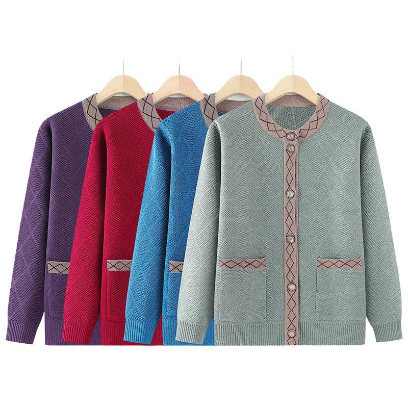 Casual cardigan, collarless top with pockets, autumn wool sweater coat, middle-aged and elderly women's clothing, grandma's outfit
