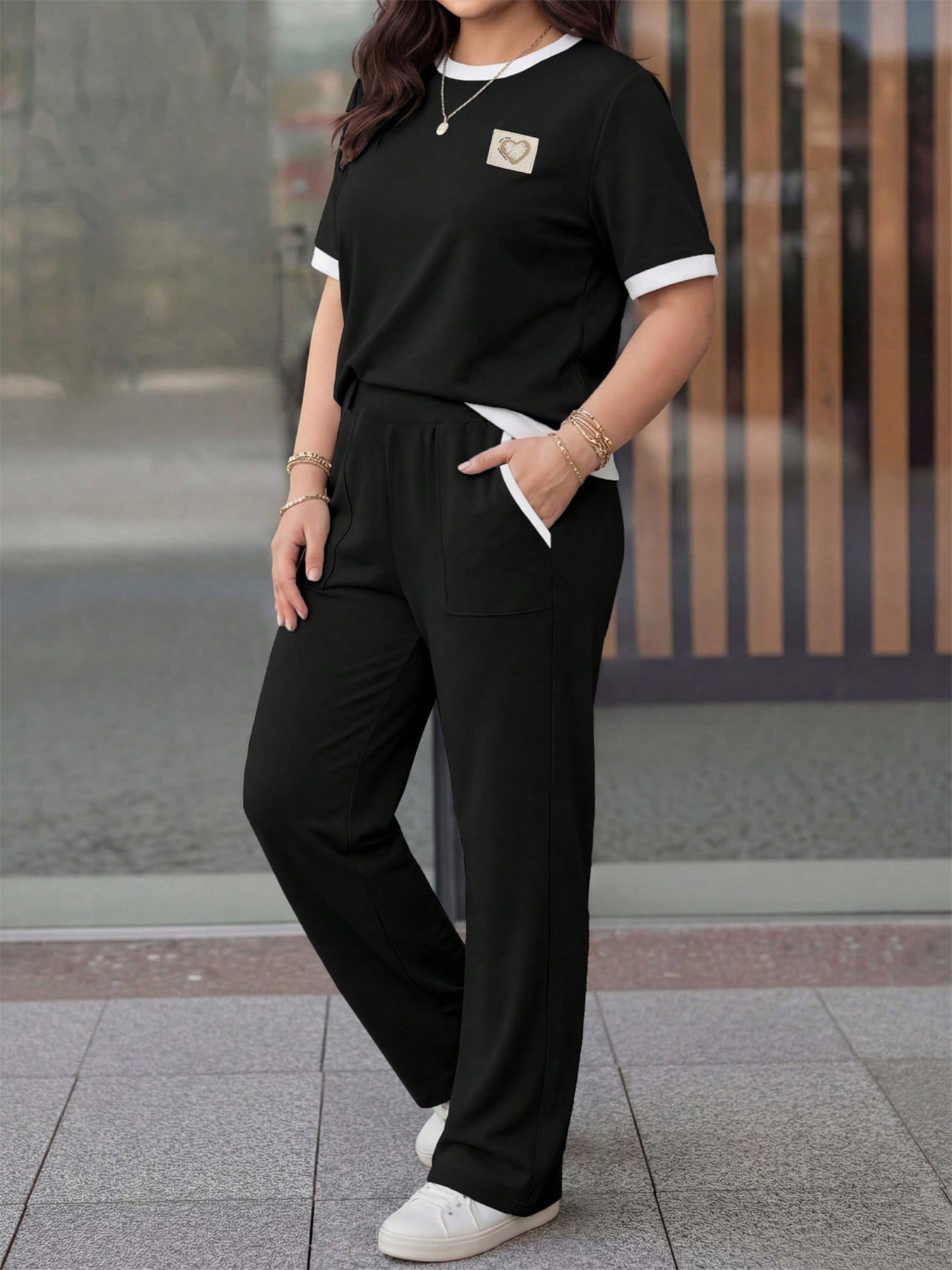Women's Fashion Casual Color Block T-Shirt And Drawstring Elastic Waist Straight Leg Pants Two Piece Set European American Style_ecoleips.com
