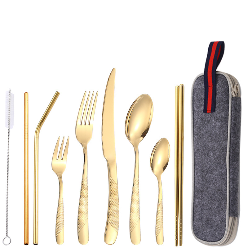 Diamante estrella cuatro piezas principales transfronterizo cuchillo, tenedor y cuchara de paja 9 piezas traje de paja de acero inoxidable directo de fábrica