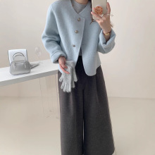 双面羊毛大衣秋冬新款 圆领短款简约柔软双面羊绒外套女高端