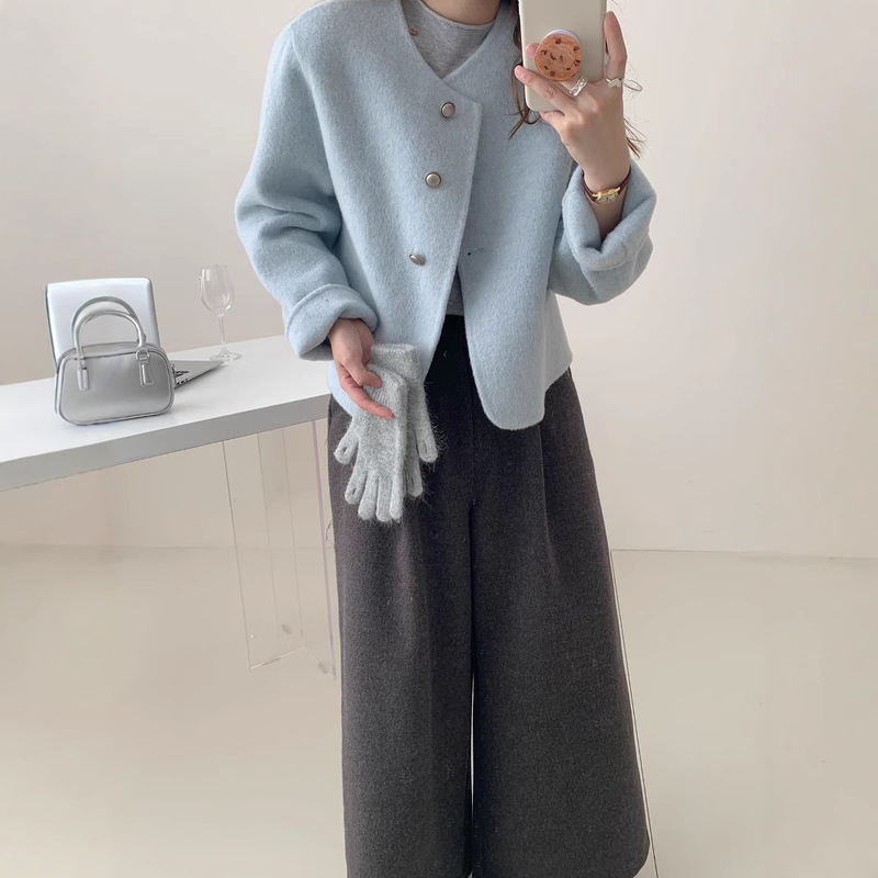 Double-Sided Wool Coat, New Autumn and Winter Style, Round Neck, Short, Simple, Soft, Double-Sided Cashmere Coat for Women, High-End