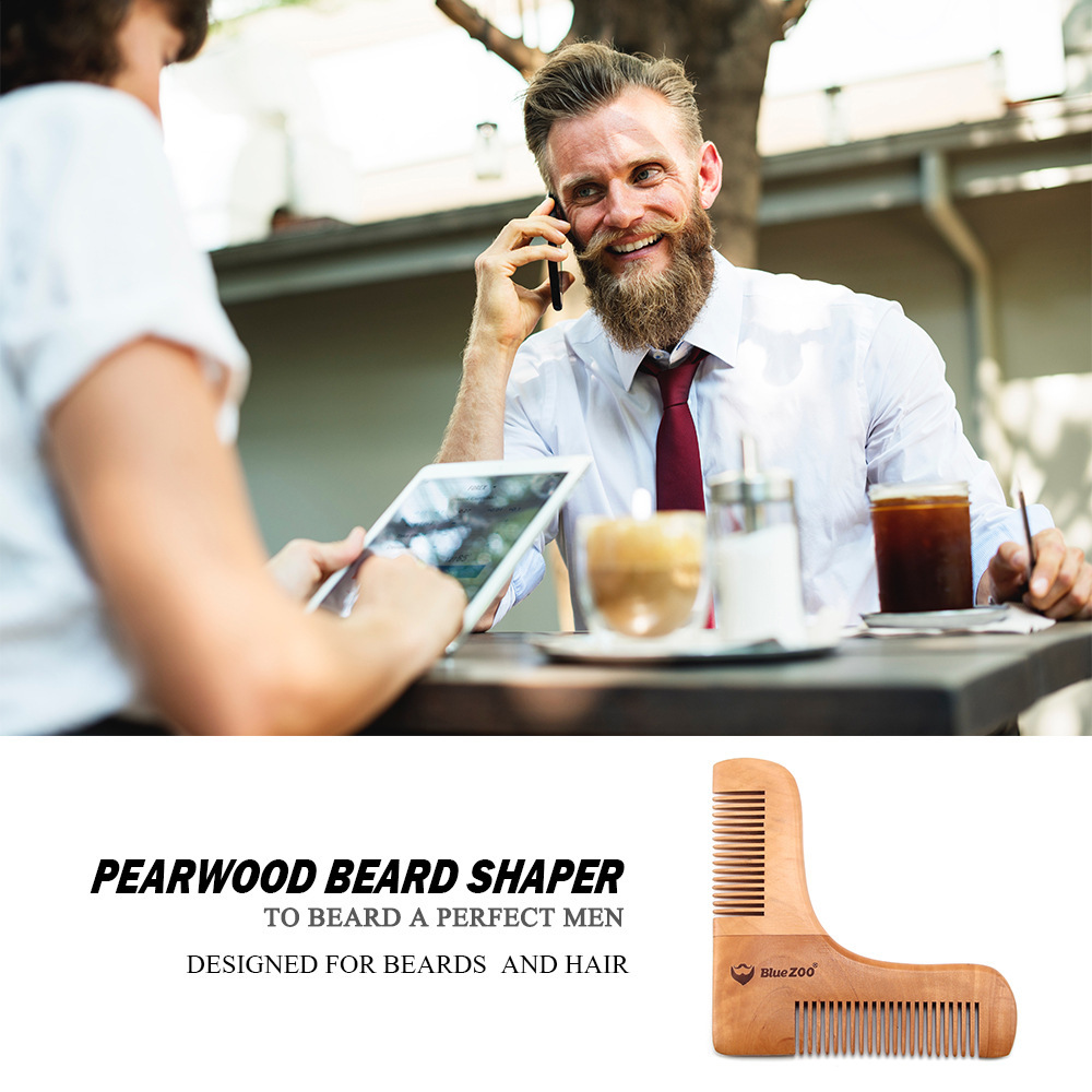 BlueZOO cross-border foreign trade Men's beard repair care symmetrical pear wood right angle beard oil modeling log comb