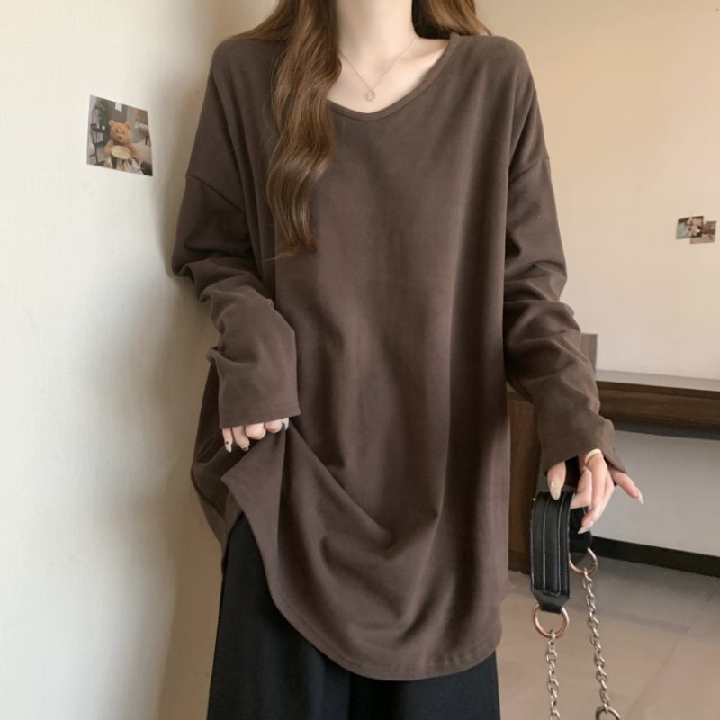 中长款遮屁股恤女秋冬大码领打底衫胖显瘦美式宽松慵懒风上衣|undefined