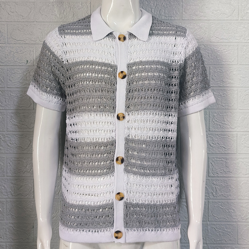 Men's Knit Shirt With Turn-down Collar And Color Block Design_voghion.com