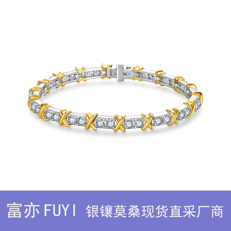 Cross-Border Direct Shipment S925 Sterling Silver Moissanite Tennis Bracelet with Color-Separated Electroplating and X-Shaped Design, Wholesale