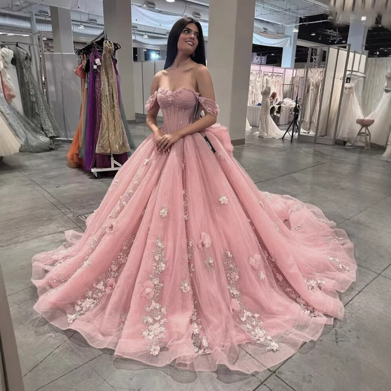 European and American Amazon Wish Pink Off-Shoulder Evening Dress for Vocal Performance Exam, Colorful Tulle 2026 New Model Ball Gown Evening Dress European and American Amazon Wish Pink Off-Shoulder Evening Dress for Vocal Performance Exam, Colorful Tulle 2026 New Model Ball Gown Evening Dress