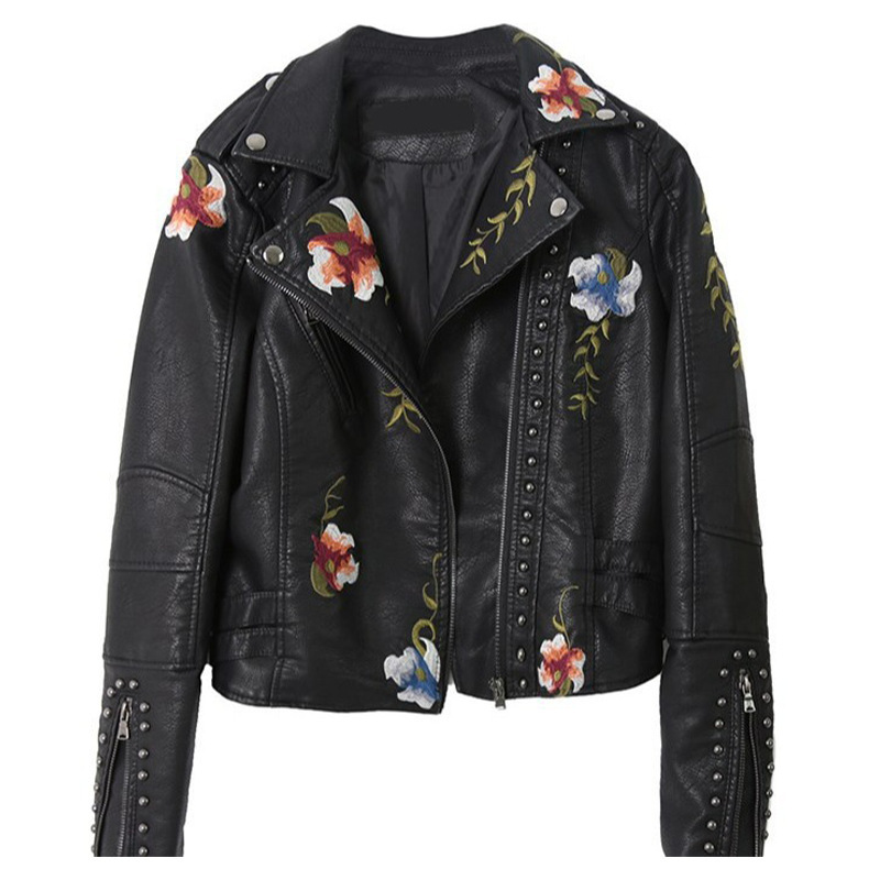2025 Spring Cross-Border Supply Light Mature Elegant Embroidered Rivets Women's Pu Heavy Metal Fashion Leather Jacket Women's Short Jacket