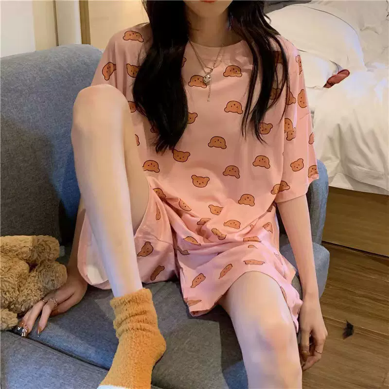 夏季短袖卡通小熊睡衣女学生可爱圆领夏天薄款甜美休闲家居服套装